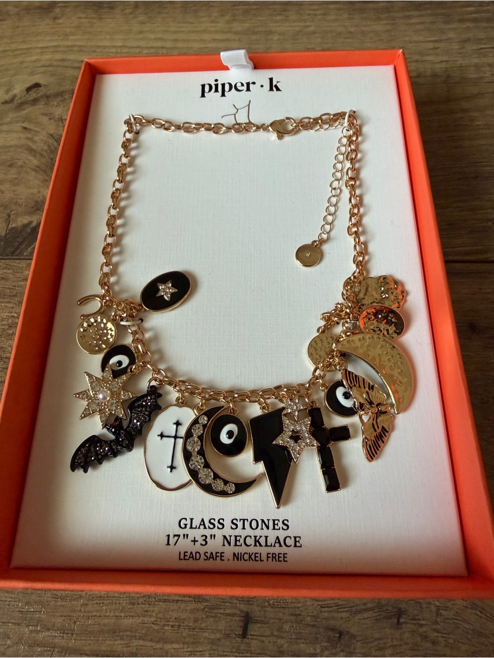 NWT Piper K Halloween Charm Necklace | Spooky Gothic Bat Moon Star Spells